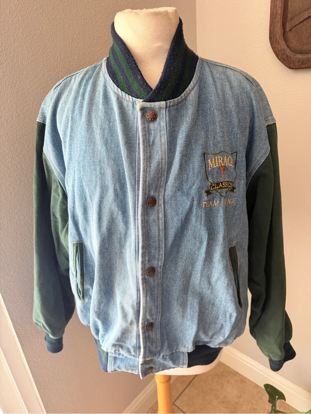 Vintage Mirage Classics Denim Varsity Bomber Jacket Large Made USA